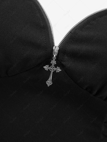 Gothic Cross Zipper Ruched Side Butterfly Applique Back Tank Top