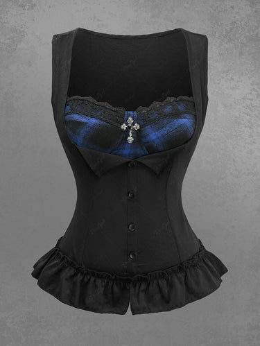 Gothic Plaid Printed Button Ruffles Lace Up Back 2 in 1 Patchwork Top