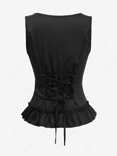 Gothic Plaid Printed Button Ruffles Lace Up Back 2 in 1 Patchwork Top