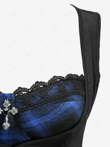 Gothic Plaid Printed Button Ruffles Lace Up Back 2 in 1 Patchwork Top