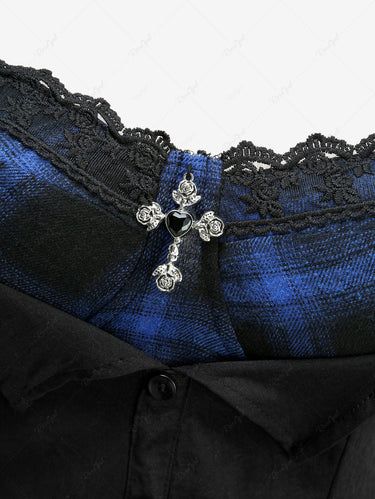 Gothic Plaid Printed Button Ruffles Lace Up Back 2 in 1 Patchwork Top