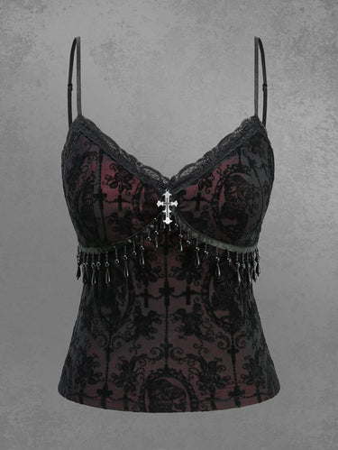 Gothic Flower Cross Flocking Beading Tassel Lace Trim Top