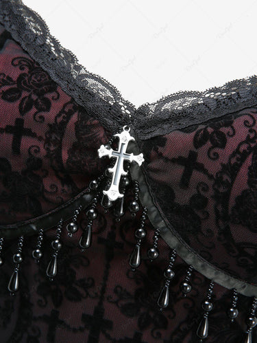 Gothic Flower Cross Flocking Beading Tassel Lace Trim Top