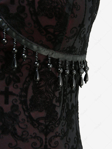 Gothic Flower Cross Flocking Beading Tassel Lace Trim Top