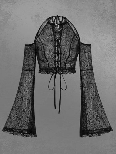 Gothic Cold Shoulder Flare Sleeves Lace Panel Sheer See Through Lace-up Top