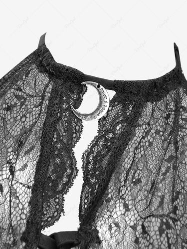 Gothic Cold Shoulder Flare Sleeves Lace Panel Sheer See Through Lace-up Top