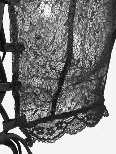 Gothic Cold Shoulder Flare Sleeves Lace Panel Sheer See Through Lace-up Top