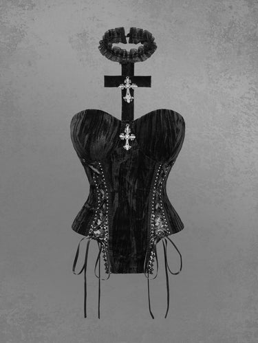 Gothic Crinkle Velvet Lace Up Halter Cross Asymmetric Corset