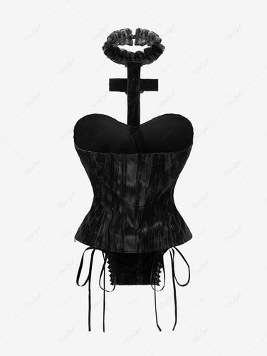 Gothic Crinkle Velvet Lace Up Halter Cross Asymmetric Corset