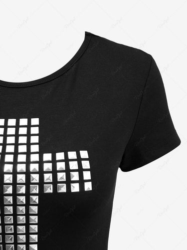 Gothic Hotfix Rhinestone Cross Dark Style Women T-shirt