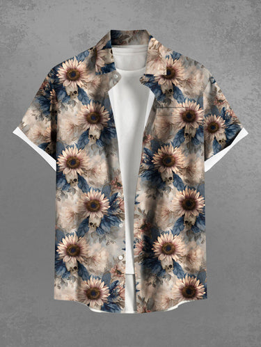Gothic Plus Size Sunflowers Leaf Skulls Print Buttons Pocket Shirt For Men