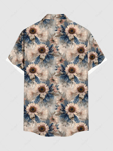 Gothic Plus Size Sunflowers Leaf Skulls Print Buttons Pocket Shirt For Men