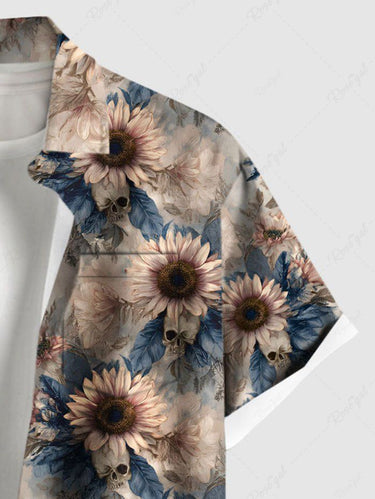 Gothic Plus Size Sunflowers Leaf Skulls Print Buttons Pocket Shirt For Men