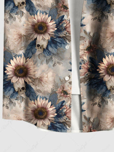 Gothic Plus Size Sunflowers Leaf Skulls Print Buttons Pocket Shirt For Men