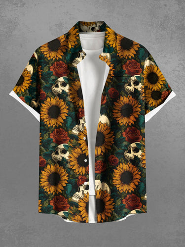 Gothic Plus Size Skulls Sunflowers Rose Leaf Print Buttons Pocket Shirt For Men