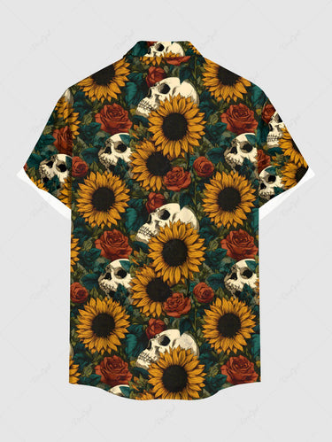 Gothic Plus Size Skulls Sunflowers Rose Leaf Print Buttons Pocket Shirt For Men