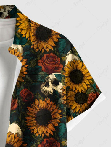Gothic Plus Size Skulls Sunflowers Rose Leaf Print Buttons Pocket Shirt For Men