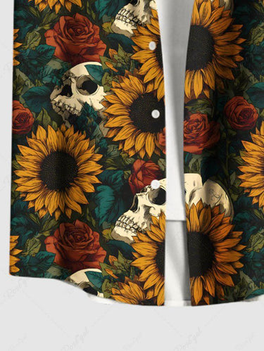 Gothic Plus Size Skulls Sunflowers Rose Leaf Print Buttons Pocket Shirt For Men