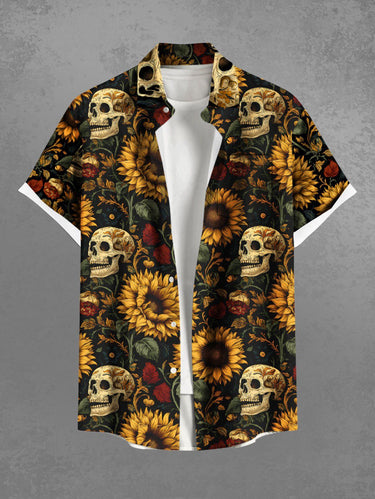 Gothic Plus Size Skulls Sunflowers Leaf Print Buttons Pocket Shirt For Men