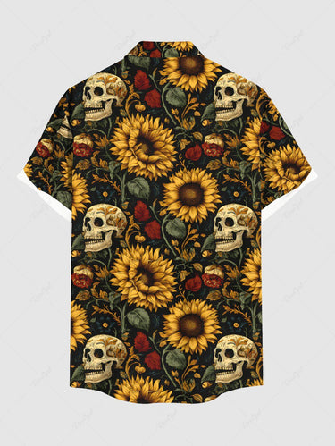 Gothic Plus Size Skulls Sunflowers Leaf Print Buttons Pocket Shirt For Men