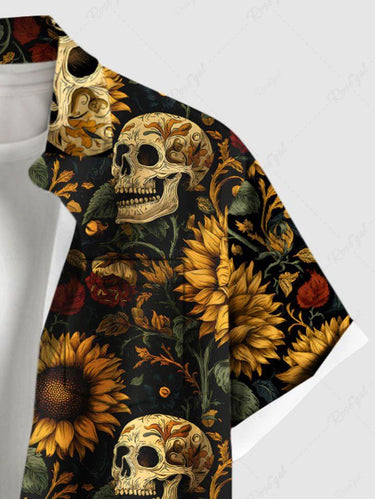Gothic Plus Size Skulls Sunflowers Leaf Print Buttons Pocket Shirt For Men