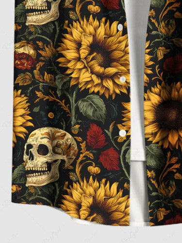 Gothic Plus Size Skulls Sunflowers Leaf Print Buttons Pocket Shirt For Men