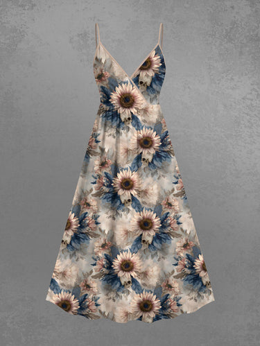 Gothic Plus Size Sunflowers Leaf Skulls Print Surplice Cami Dress