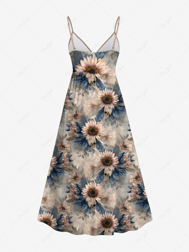 Gothic Plus Size Sunflowers Leaf Skulls Print Surplice Cami Dress