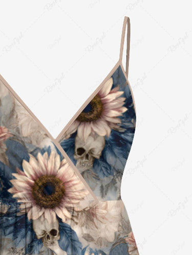 Gothic Plus Size Sunflowers Leaf Skulls Print Surplice Cami Dress