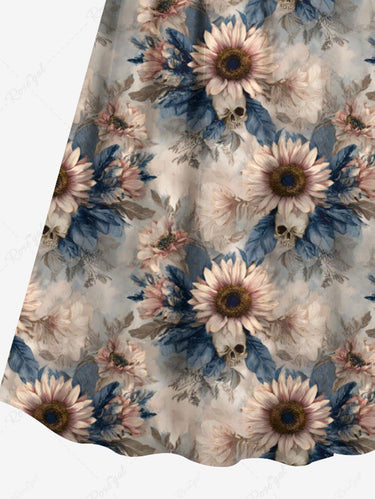 Gothic Plus Size Sunflowers Leaf Skulls Print Surplice Cami Dress
