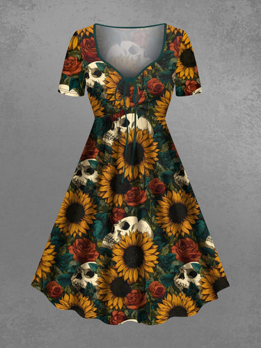 Gothic Plus Size Skulls Sunflowers Rose Leaf Print Cinched Dress