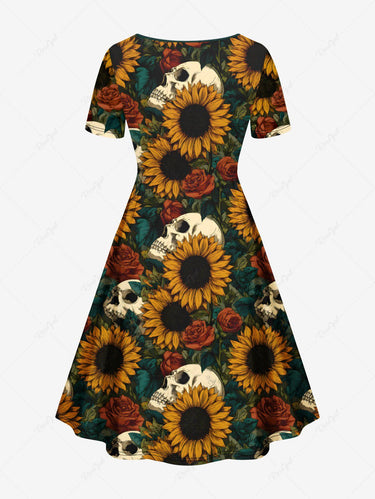 Gothic Plus Size Skulls Sunflowers Rose Leaf Print Cinched Dress