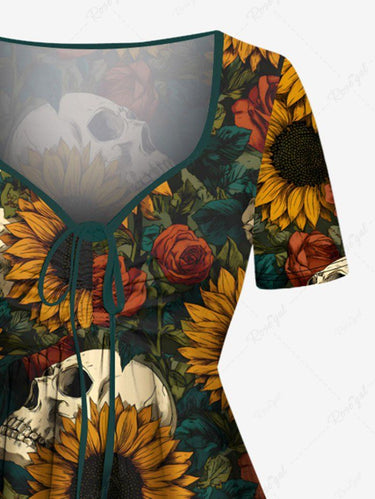 Gothic Plus Size Skulls Sunflowers Rose Leaf Print Cinched Dress