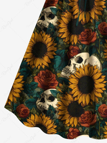 Gothic Plus Size Skulls Sunflowers Rose Leaf Print Cinched Dress