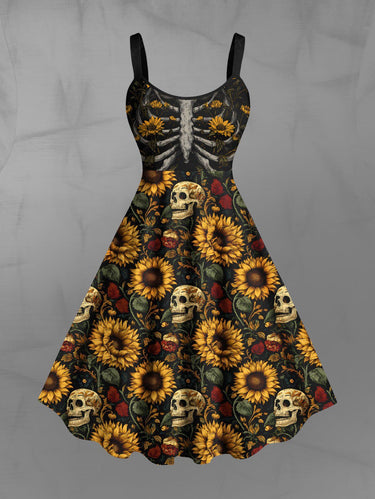 Gothic Plus Size Skulls Skeleton Sunflowers Leaf Print Tank Dress