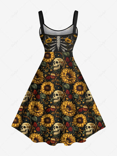 Gothic Plus Size Skulls Skeleton Sunflowers Leaf Print Tank Dress