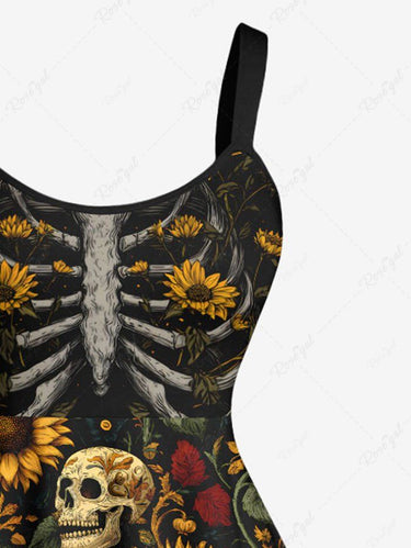 Gothic Plus Size Skulls Skeleton Sunflowers Leaf Print Tank Dress
