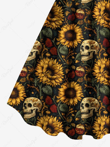 Gothic Plus Size Skulls Skeleton Sunflowers Leaf Print Tank Dress