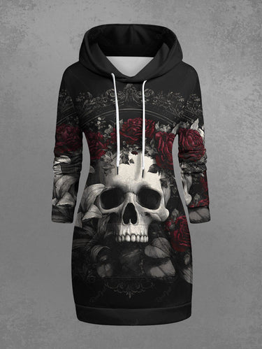 Gothic Plus Size Skull Rose Flower Leaf Print Pocket Drawstring Hoodie
