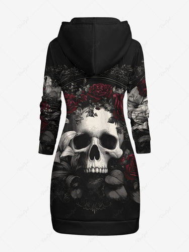 Gothic Plus Size Skull Rose Flower Leaf Print Pocket Drawstring Hoodie