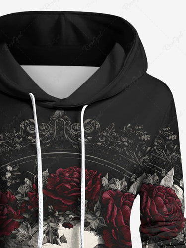 Gothic Plus Size Skull Rose Flower Leaf Print Pocket Drawstring Hoodie