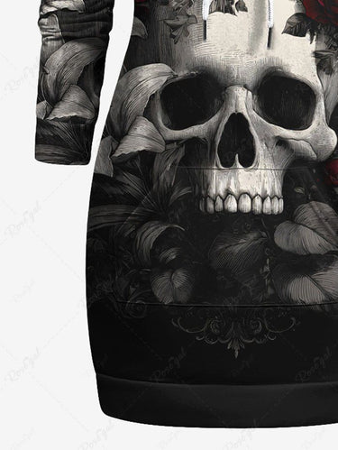 Gothic Plus Size Skull Rose Flower Leaf Print Pocket Drawstring Hoodie