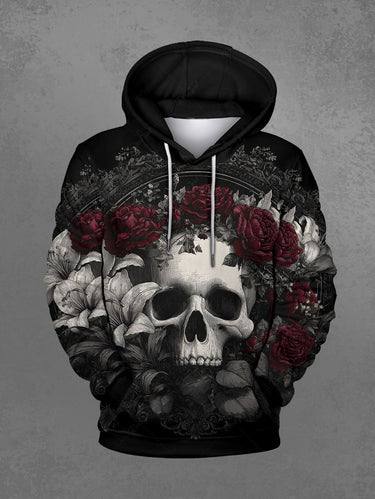 Gothic Plus Size Skull Rose Flowers Print Drawstring Hoodie For Men
