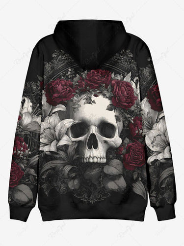 Gothic Plus Size Skull Rose Flowers Print Drawstring Hoodie For Men