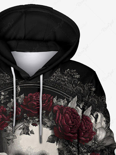 Gothic Plus Size Skull Rose Flowers Print Drawstring Hoodie For Men