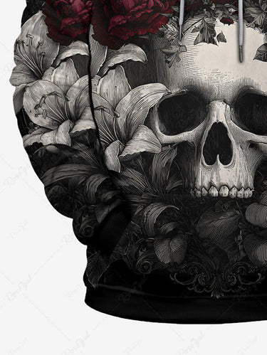 Gothic Plus Size Skull Rose Flowers Print Drawstring Hoodie For Men
