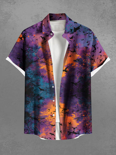 Gothic Plus Size Bat Trees Colorful Ombre Print Buttons Pocket Shirt For Men