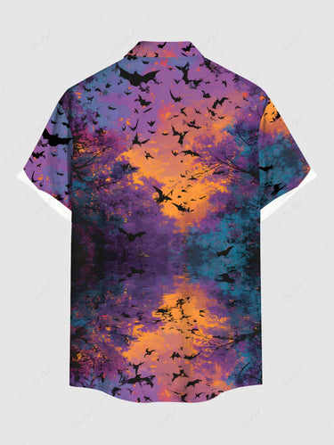Gothic Plus Size Bat Trees Colorful Ombre Print Buttons Pocket Shirt For Men