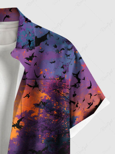 Gothic Plus Size Bat Trees Colorful Ombre Print Buttons Pocket Shirt For Men