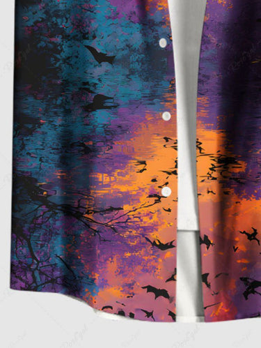 Gothic Plus Size Bat Trees Colorful Ombre Print Buttons Pocket Shirt For Men